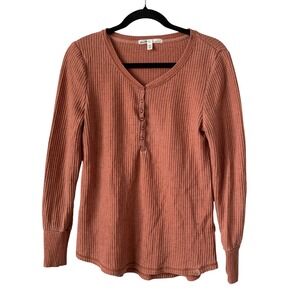 Seven7 Waffle Knit Henley Top Medium Rust Orange Excellent Long Sleeve Thermal